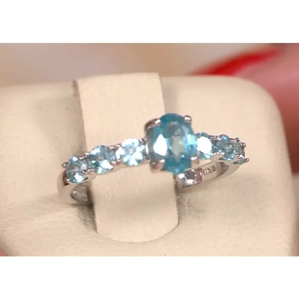 Generation Gems Exotic Blue Zircon Oval Cut 7-Stone Ring Sterling Silver, sz 7